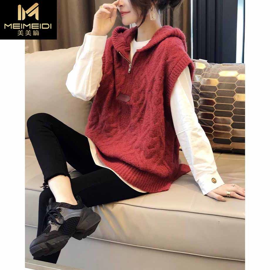RED HOODED knitted waistcoat women's loose life year twist sweater spring clothing new European station in 