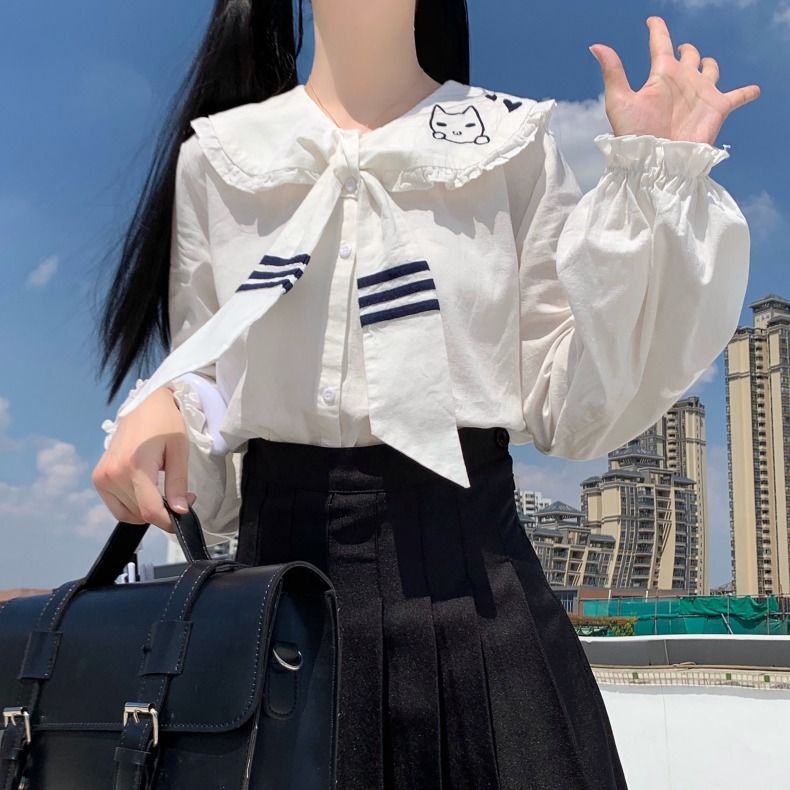 軟妹日系可愛木耳邊長袖海軍領刺繡襯衫女設計感小眾秋裝上衣百搭