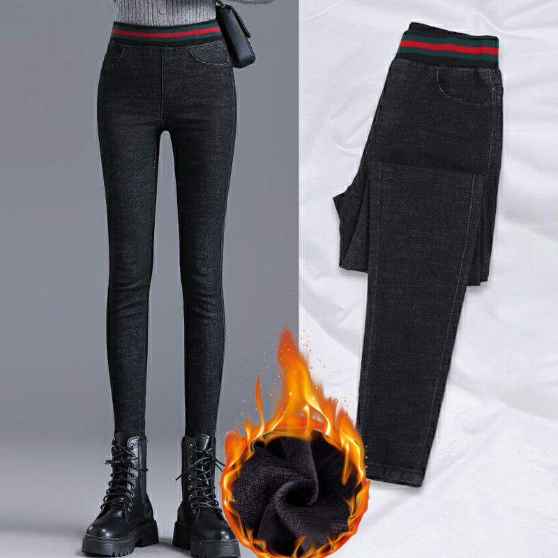 Plus velvet black jeans women's autumn and winter high waist elastic thickened pencil pants trousers all-match slim elastic waist pants