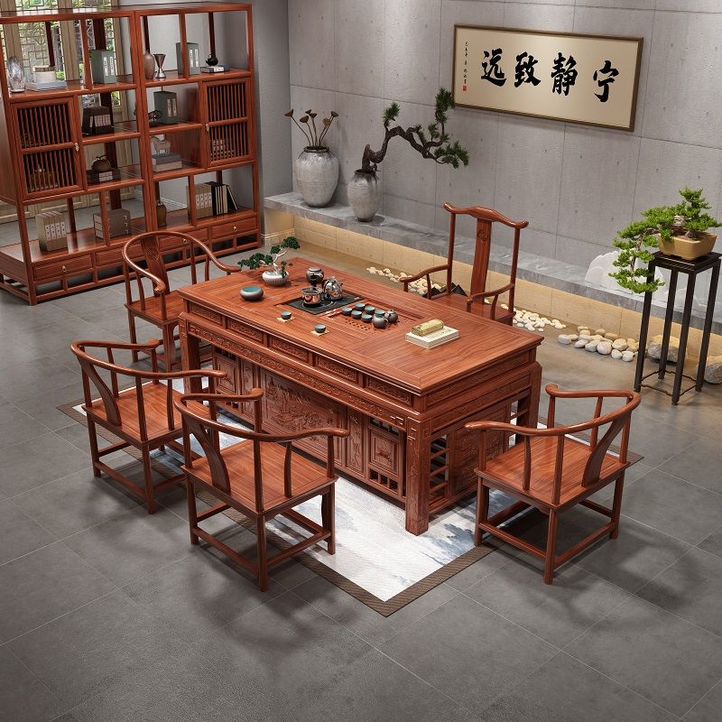乌金石茶桌椅组合实木泡茶桌茶几办公桌泡茶台家用功夫茶艺茶桌子