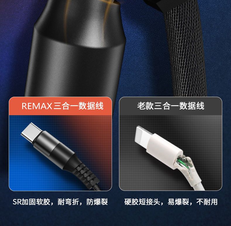 Remax数据线三合一快充一拖三充电线通用手机多头多功能苹果安卓