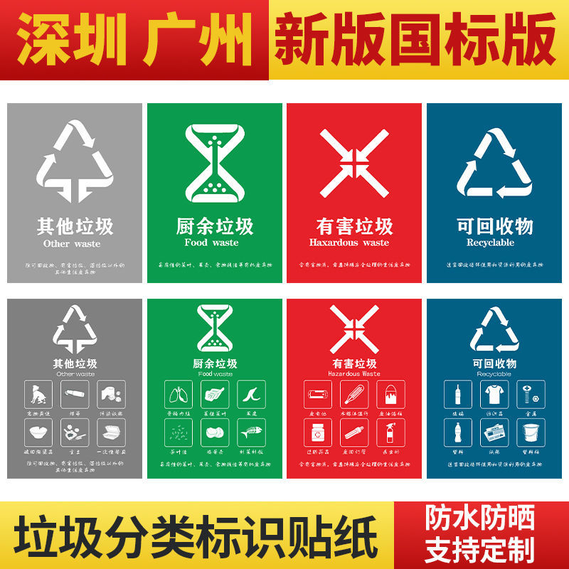 深圳广州垃圾分类标识贴纸干湿可回收不可回收有害厨余垃圾桶标志