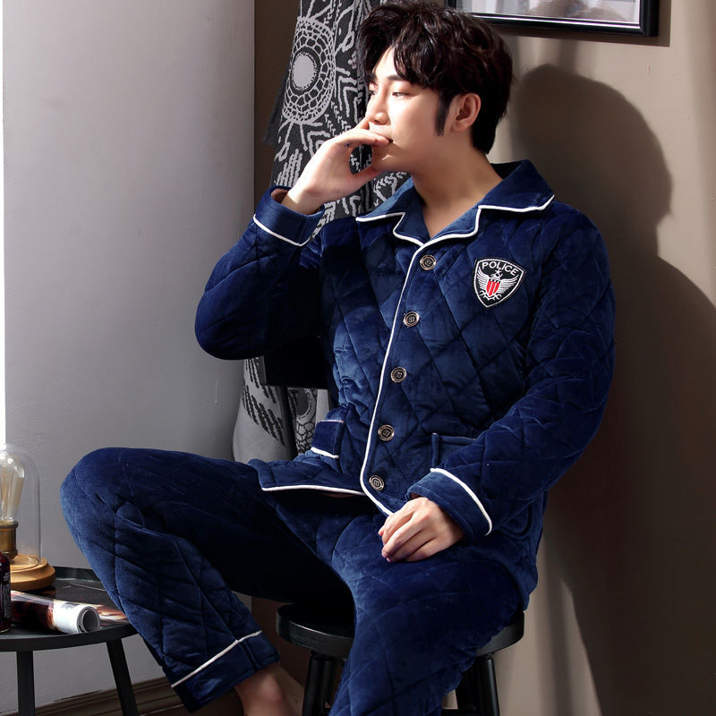 Men's pajamas winter thickened plus velvet three-layer quilted coral fleece warm flannel autumn and winter home service suit