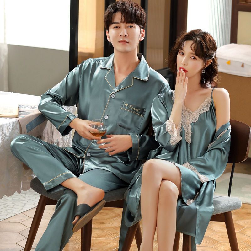 Spring and autumn couple pajamas women's summer ice silk thin nightdress robe men's silk long sleeve housewear two piece suit