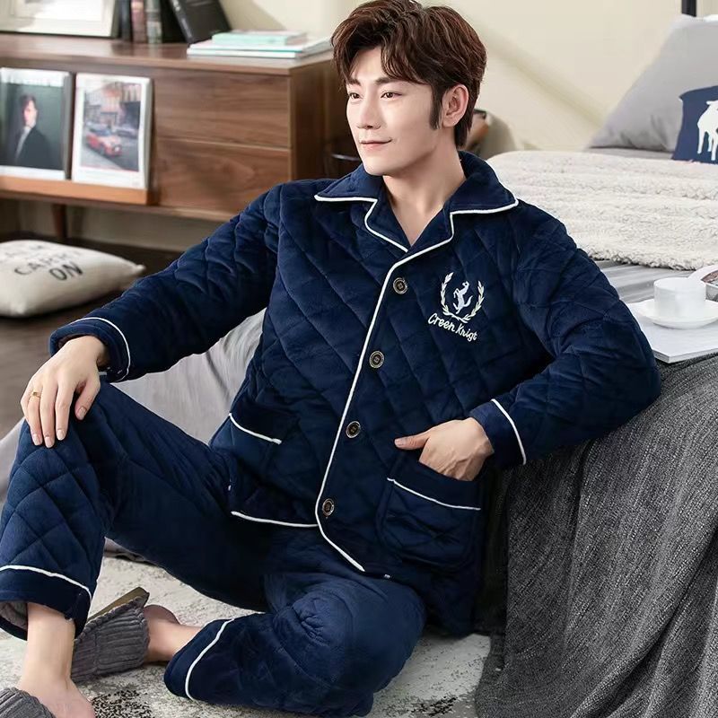 Men's pajamas winter thickened plus velvet three-layer quilted coral fleece warm flannel autumn and winter home service suit