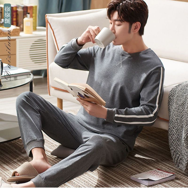 100% double-sided cotton pajamas men's spring and autumn long-sleeved suit high-end middle-aged and young people can wear home clothes in autumn
