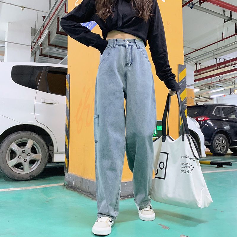 高腰牛仔裤女宽松百搭2021春季新款韩版显瘦直筒裤矮个子阔腿裤潮