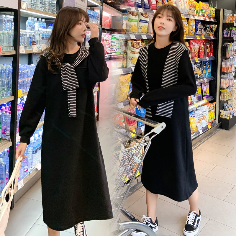 Fat MM Extra Large Size 300 Jin Pregnant Women Long Dress 2023 Spring Loose Cover Belly Slim Shawl Collar Over Knee Dress