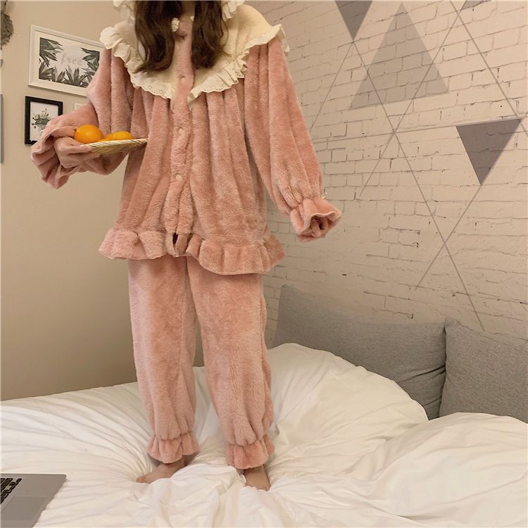 Pajamas women flannel lovely student warm suit coral fur autumn and winter thickening Plush women's home wear