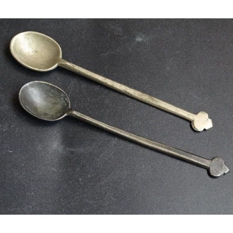 33#古玩古董铜器文房用品直形老水盂勺子大小一把合售配药勺子