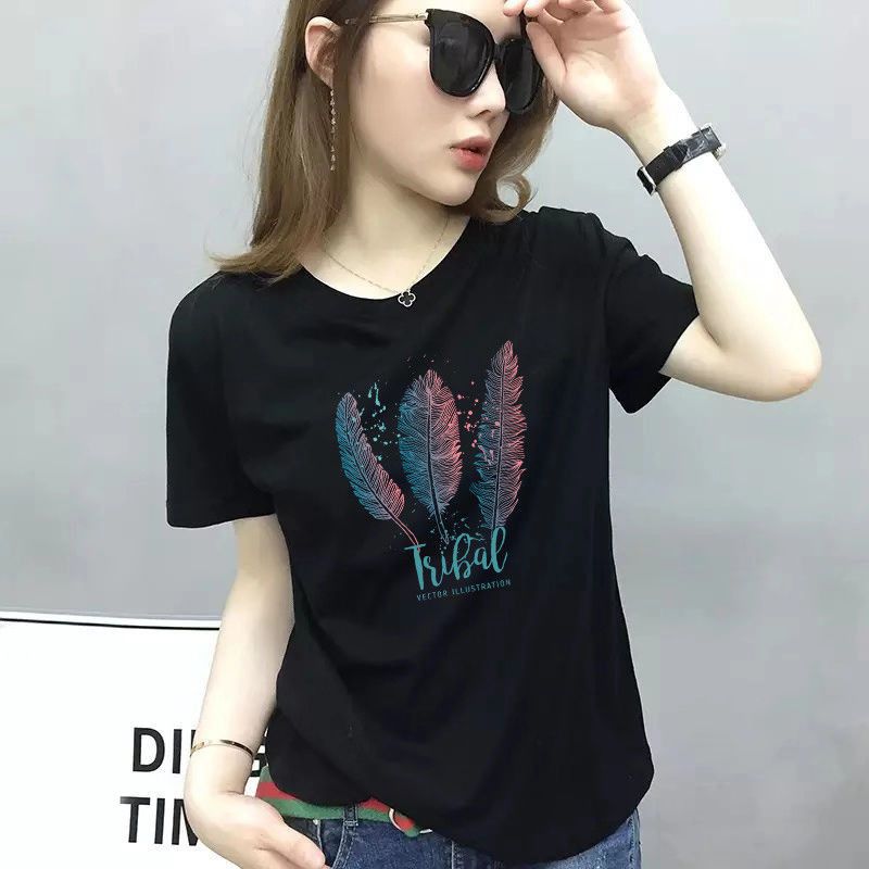 優質棉黑色短袖t恤女寬鬆韓版夏季新款棉t恤女短袖簡約休閒印花