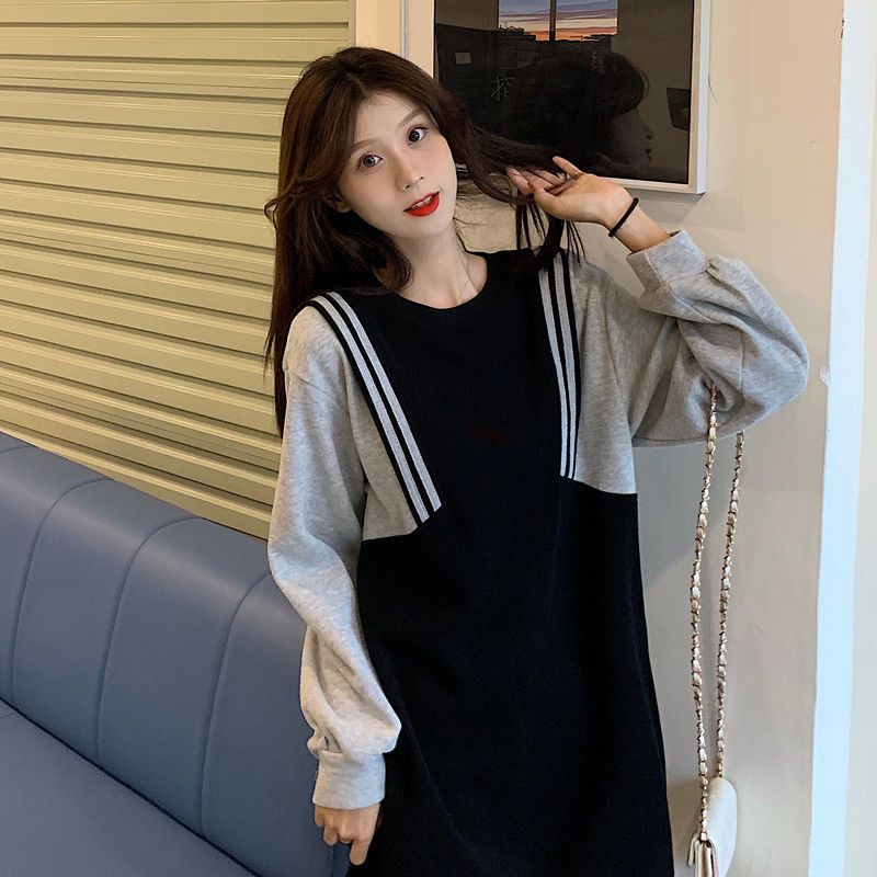 Fat MM extra large size 300 catties mid-length sweater dress spring and autumn loose hidden meat slim stitching contrast color dress