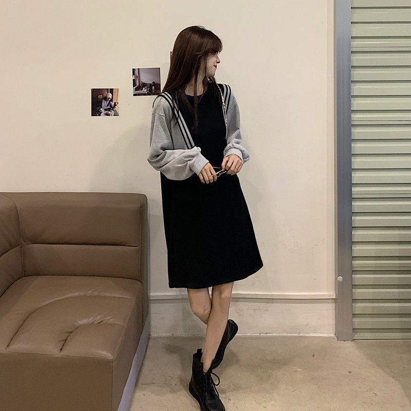 Fat MM extra large size 300 catties mid-length sweater dress spring and autumn loose hidden meat slim stitching contrast color dress