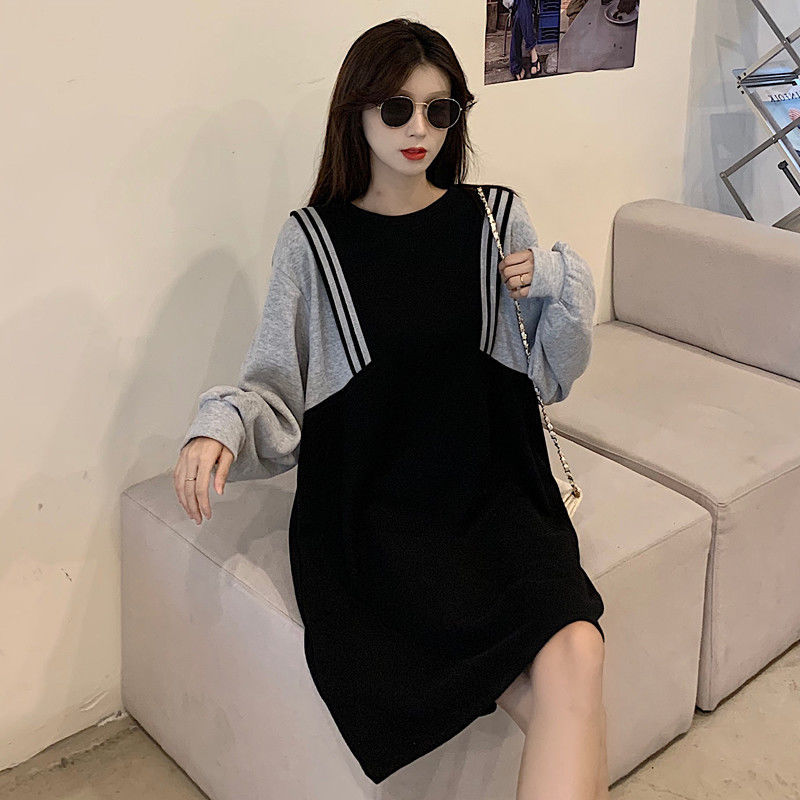 Fat MM extra large size 300 catties mid-length sweater dress spring and autumn loose hidden meat slim stitching contrast color dress