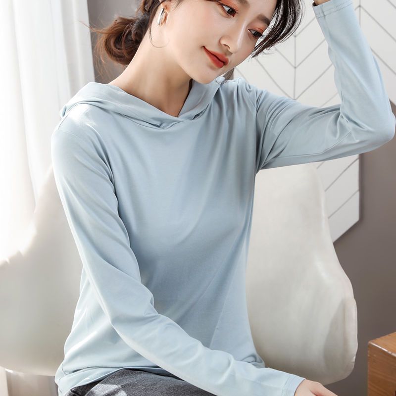 Hooded mercerized cotton long-sleeved t-shirt women's spring and autumn tops pure cotton hooded bottoming shirt loose thin section casual cotton clothes