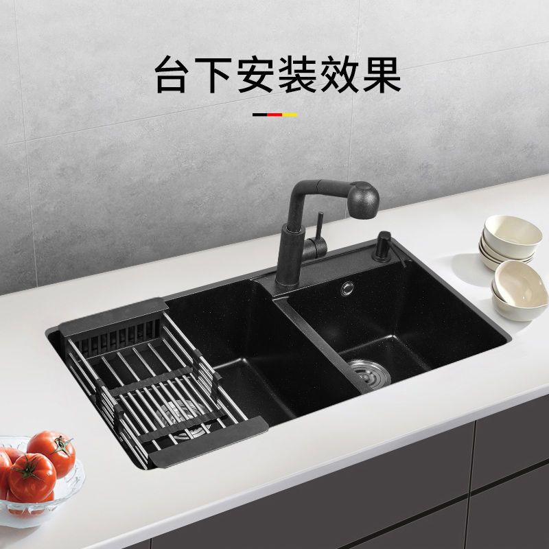 阿洛里石英石水槽厨房洗菜盆双槽洗碗水池花岗岩台下盆洗碗槽套餐 虎窝拼