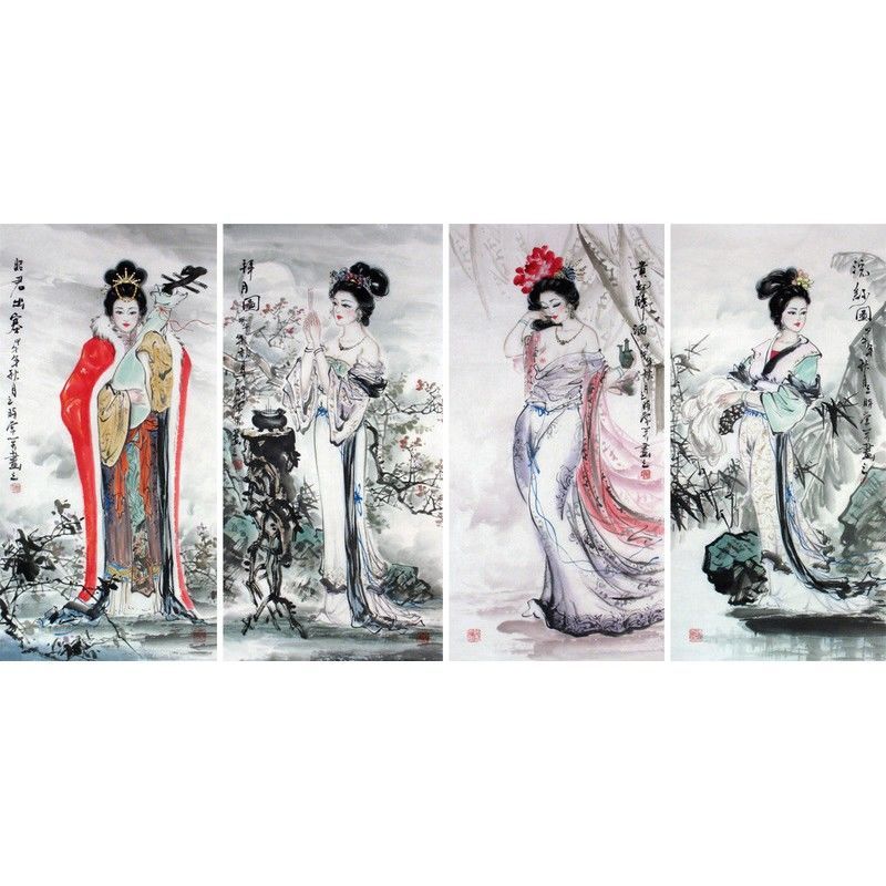 手绘古代仕女图四大美女图三尺四条屏国画人物画客厅真迹中堂画