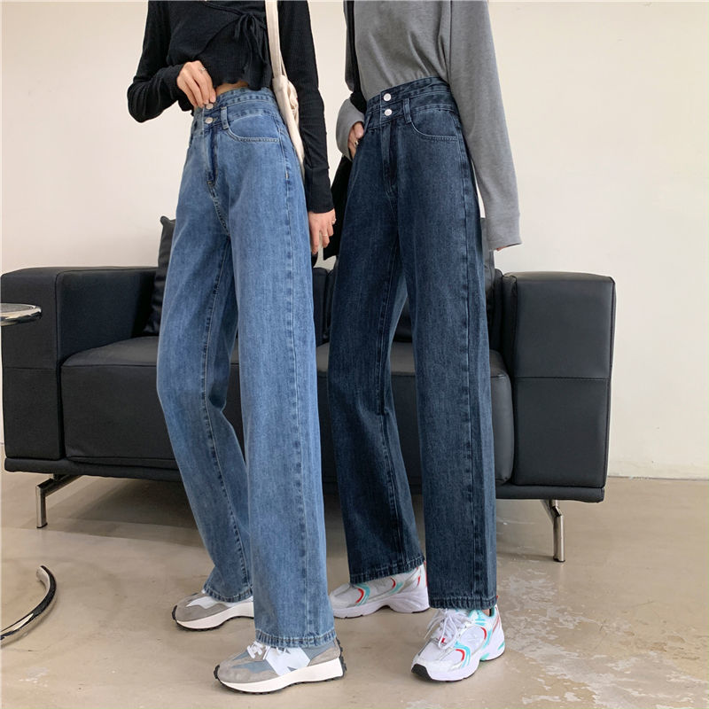 高腰直筒牛仔褲女秋冬大碼胖mm韓版寬鬆顯瘦百搭垂感老爹闊腿長褲
