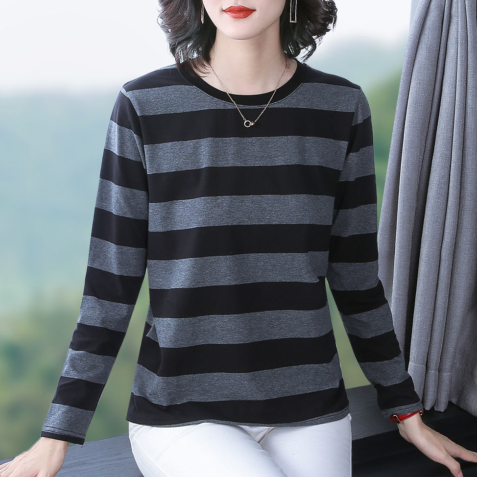 Pure cotton new loose striped long-sleeved T-shirt middle-aged mother wear plus size top outerwear all-match bottoming shirt