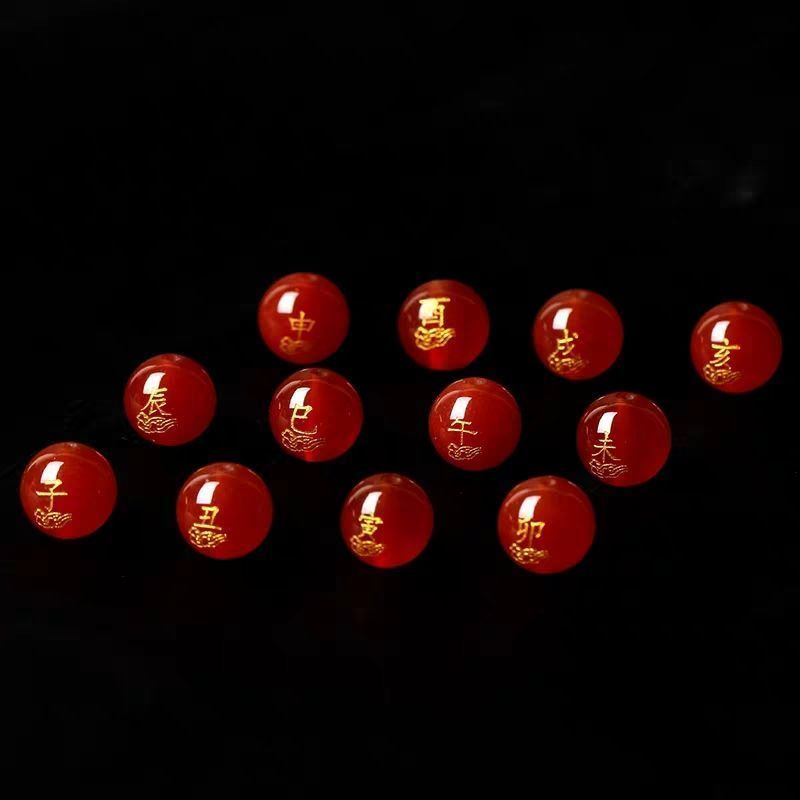 天然新款红玛瑙烫金十二生肖圆珠散珠 DIY水晶饰品配件串珠单颗圆