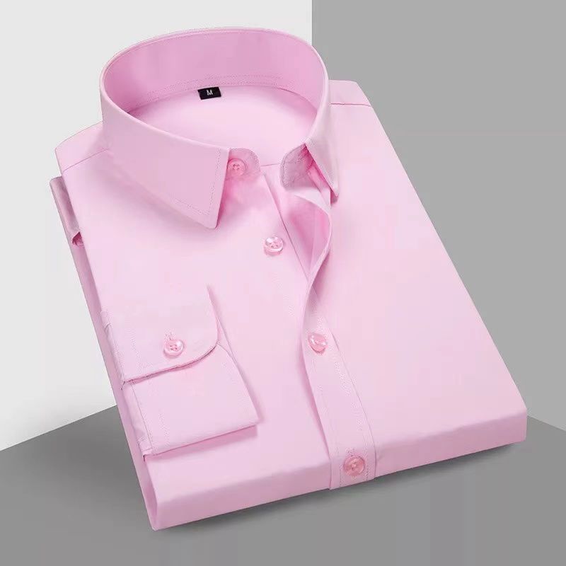 2021新款春秋季男士纯色长袖粉红色衬衫韩版潮流帅气打底衬衣男装