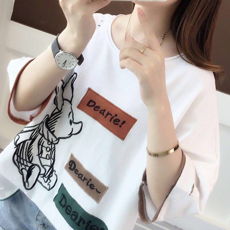 純棉夏季新款短袖t恤女韓版寬鬆撞色拼接百搭半袖刺繡上衣服ins潮