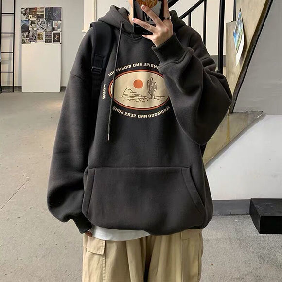 100%純棉男士連帽衛衣港風印花寬鬆韓版秋冬季加絨加厚學生外套男