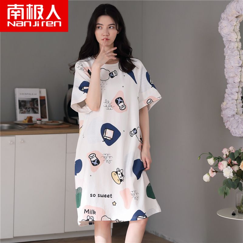 Nanjiren 100% cotton nightdress women's summer short-sleeved loose cute plus size pajamas summer thin home service