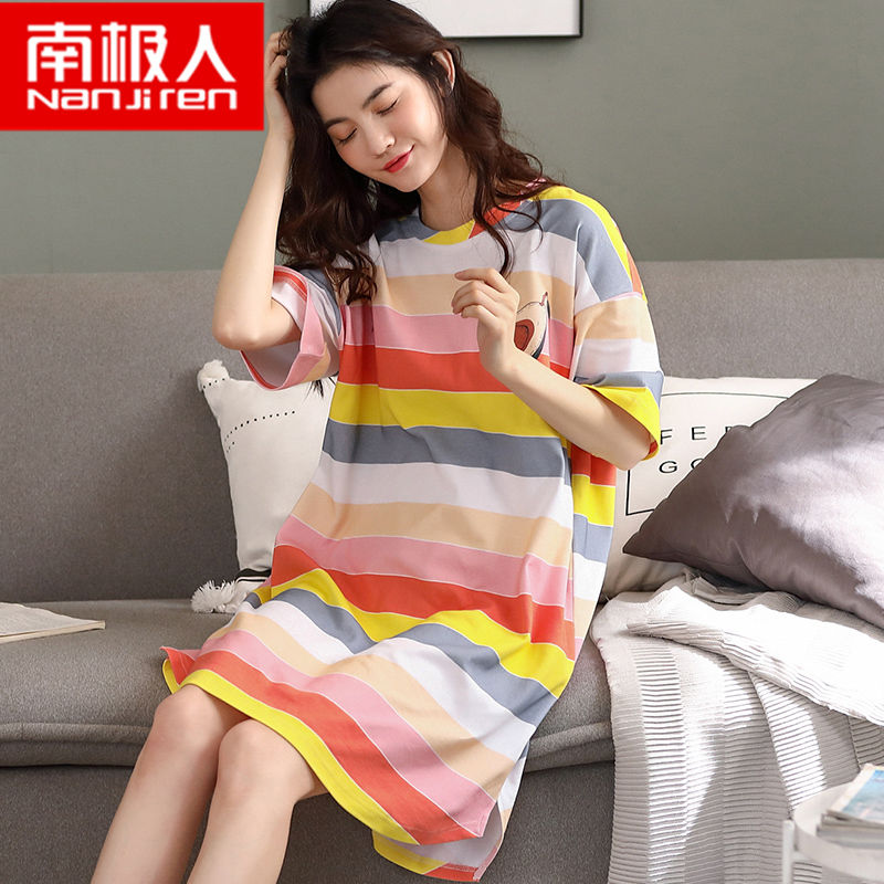 Nanjiren 100% cotton nightdress women's summer short-sleeved loose cute plus size pajamas summer thin home service