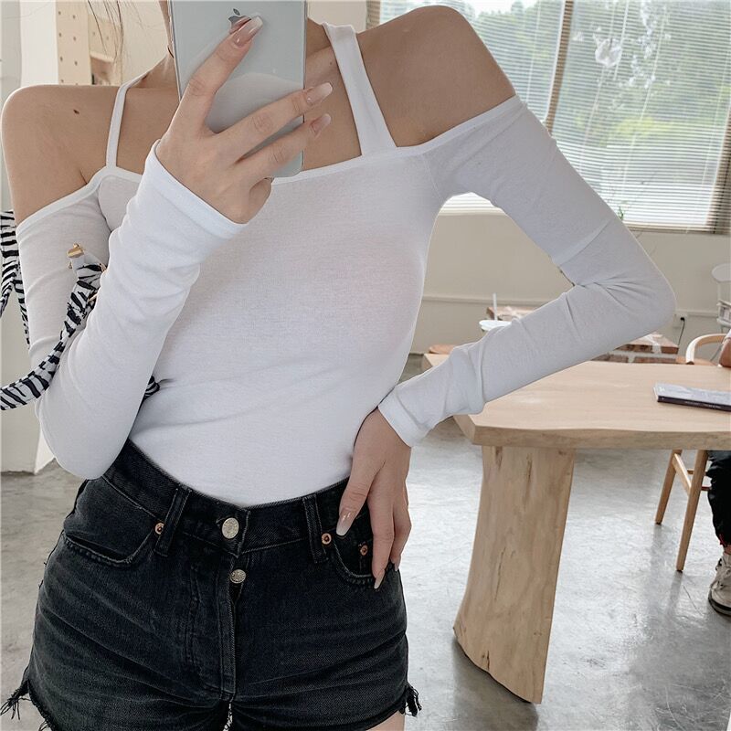 Irregular sling white t-shirt women's spring and autumn tight-fitting long-sleeved design bottoming shirt sexy strapless short top