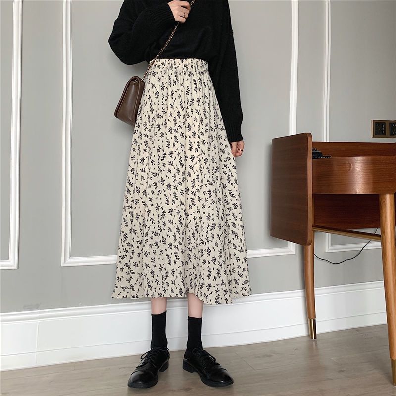 Mini floral skirt, super xianxianxianshou new 2021 versatile knee high waist long A-line skirt