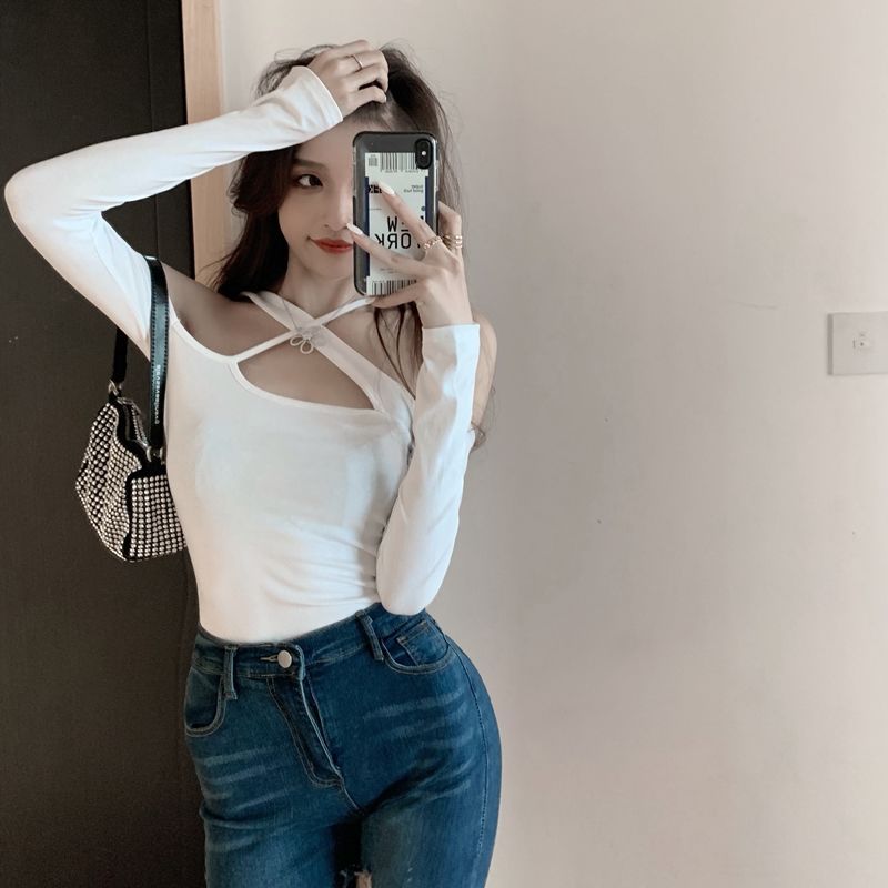 Irregular sling white t-shirt women's spring and autumn tight-fitting long-sleeved design bottoming shirt sexy strapless short top