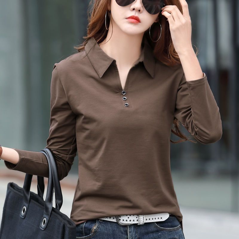 2023 early spring new cotton long-sleeved t-shirt women's Korean version all-match lapel collar top POLO collar bottoming shirt tide
