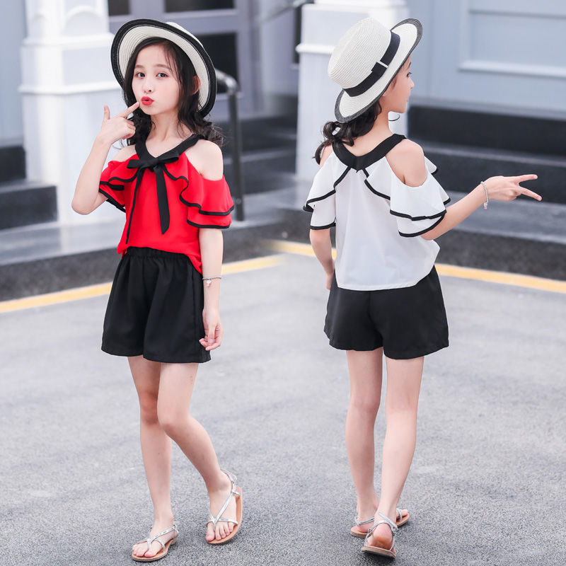 Korean version of ruffled chiffon suit children's summer one-shoulder girl foreign style off-shoulder bow summer big children