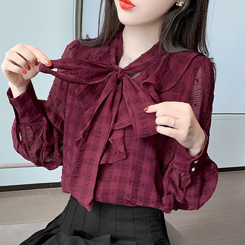 2022年春裝新款女裝寬鬆打底衫蝴蝶結雪紡襯衫設計感小眾長袖上衣