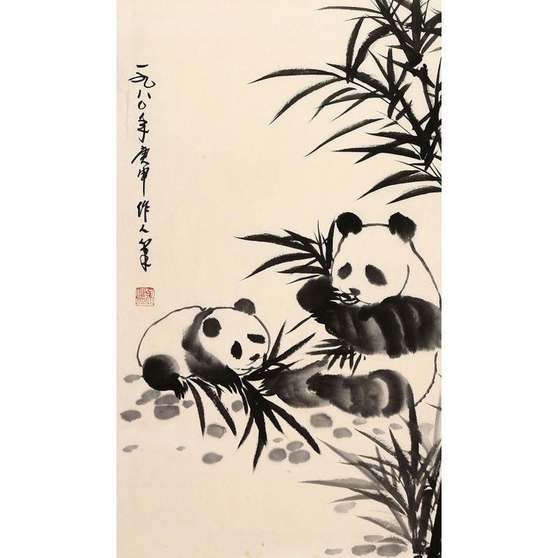 国画大师吴作人手工画三尺条幅宣纸国画动物熊猫作品客厅装饰字画