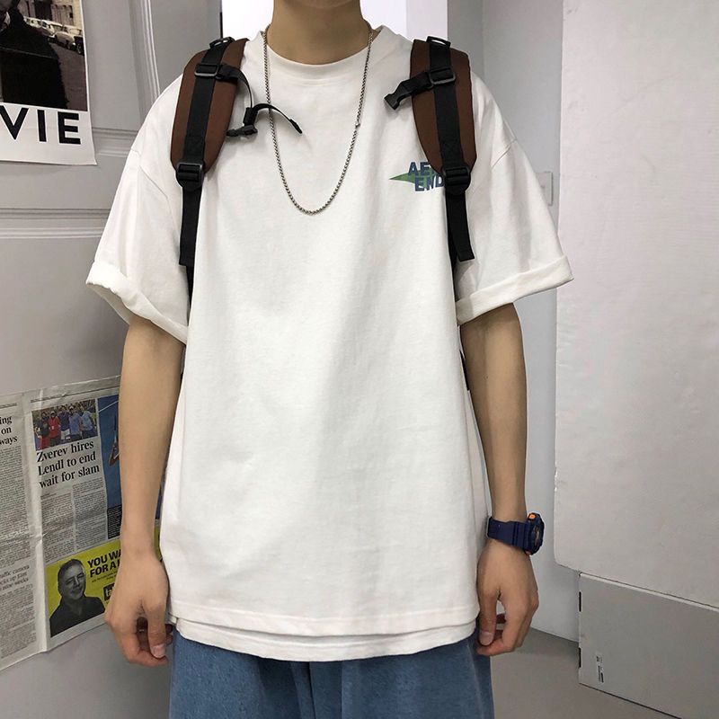 100% cotton short-sleeved T-shirt men's ins Korean version trendy loose large size five-point sleeves  spring new bf Hong Kong style