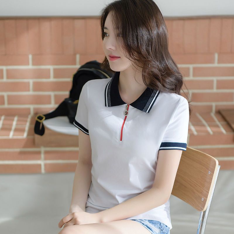 純棉短袖t恤女撞色新款夏裝拉鏈polo翻領簡約半袖夏季顯瘦上衣潮