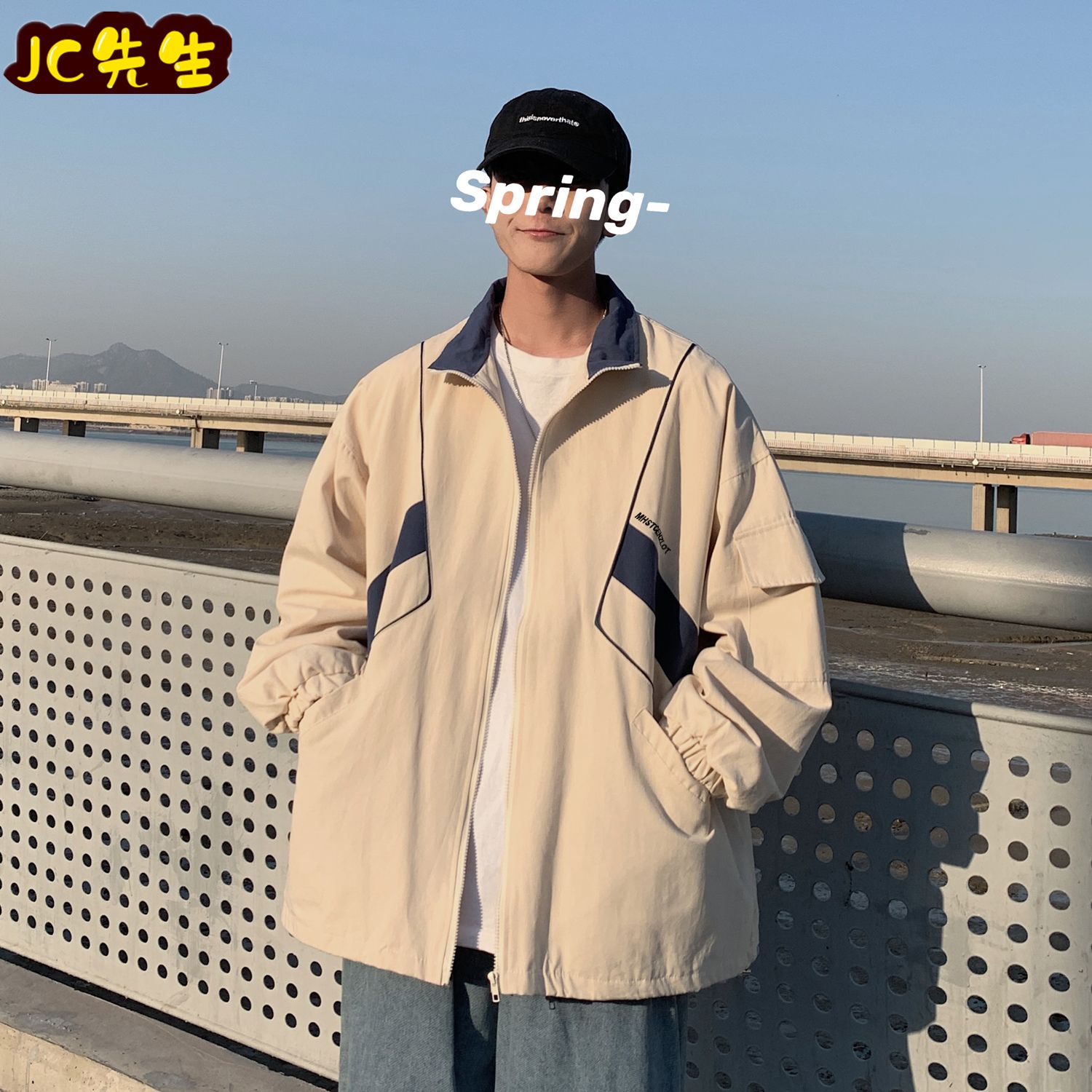New jacket jacket men's spring Korean loose short retro Hong Kong Style Baseball Jacket color matching Lapel top fashion brand