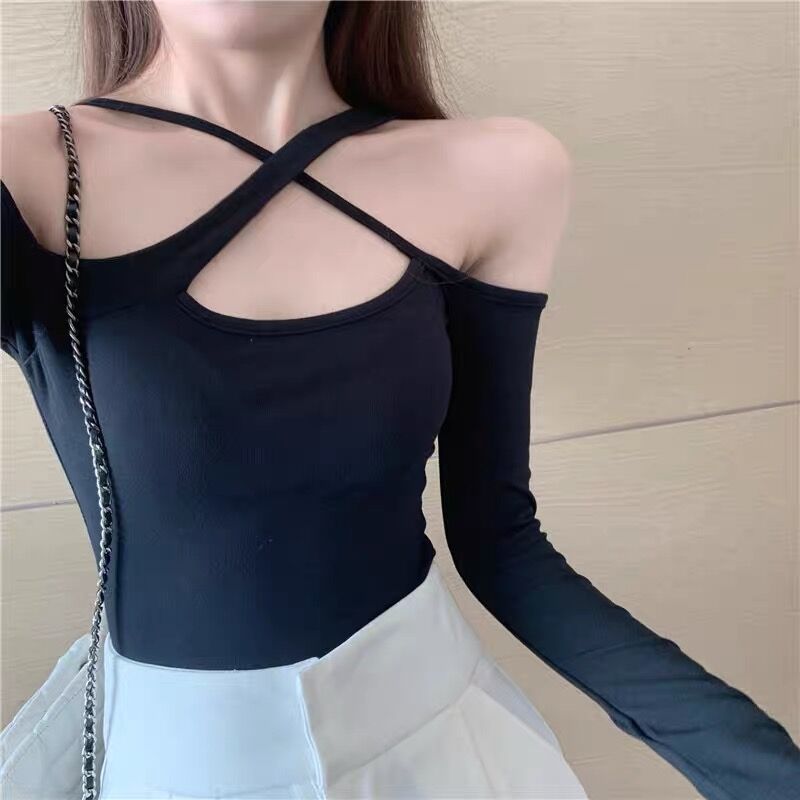 Design sense hanging neck one-word collar strapless white bottoming shirt women's autumn and winter foreign style inner tight long-sleeved t-shirt top