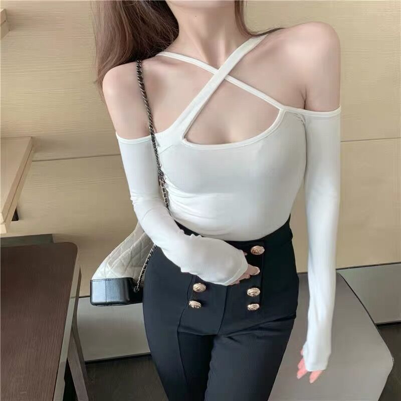 Design sense hanging neck one-word collar strapless white bottoming shirt women's autumn and winter foreign style inner tight long-sleeved t-shirt top