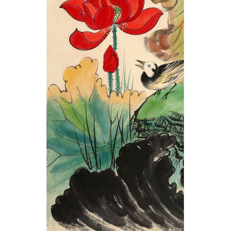 张大千手绘三尺条幅宣纸国画写意荷花花鸟作品公司装饰名人字画