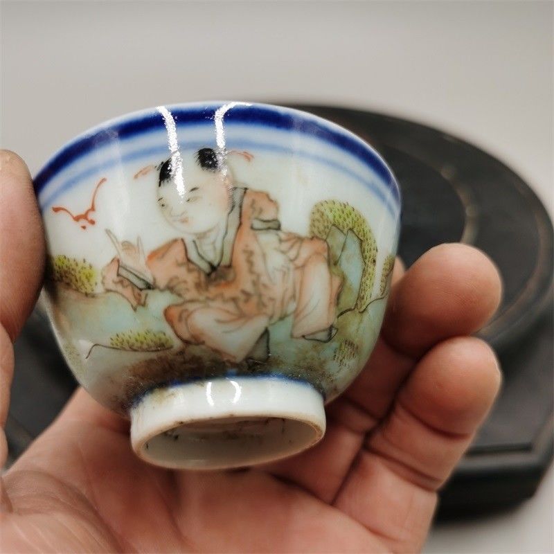 清末民初时期青花粉彩图案酒杯茶杯古董古玩老货旧货收藏包老物件