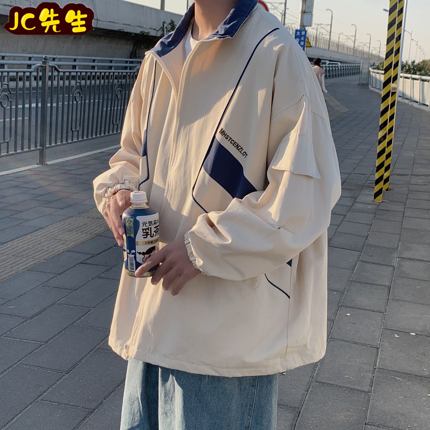 New jacket jacket men's spring Korean loose short retro Hong Kong Style Baseball Jacket color matching Lapel top fashion brand