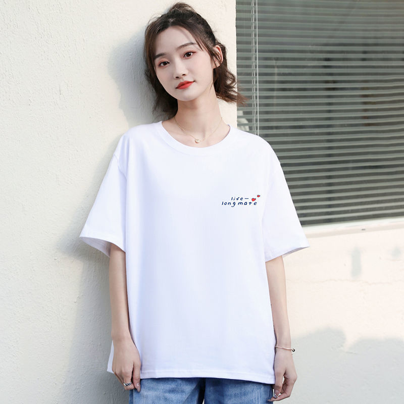 Short-sleeved T-shirt women's white loose Korean version large size slim half-sleeved all-match cotton top printed cartoon bottoming shirt