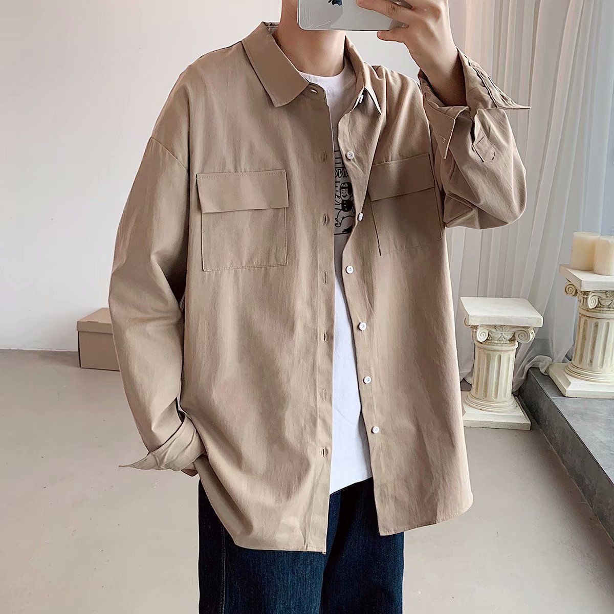Spring and autumn shirt men's long-sleeved student Korean style trendy handsome tooling shirt Hong Kong style ruffian handsome casual all-match coat