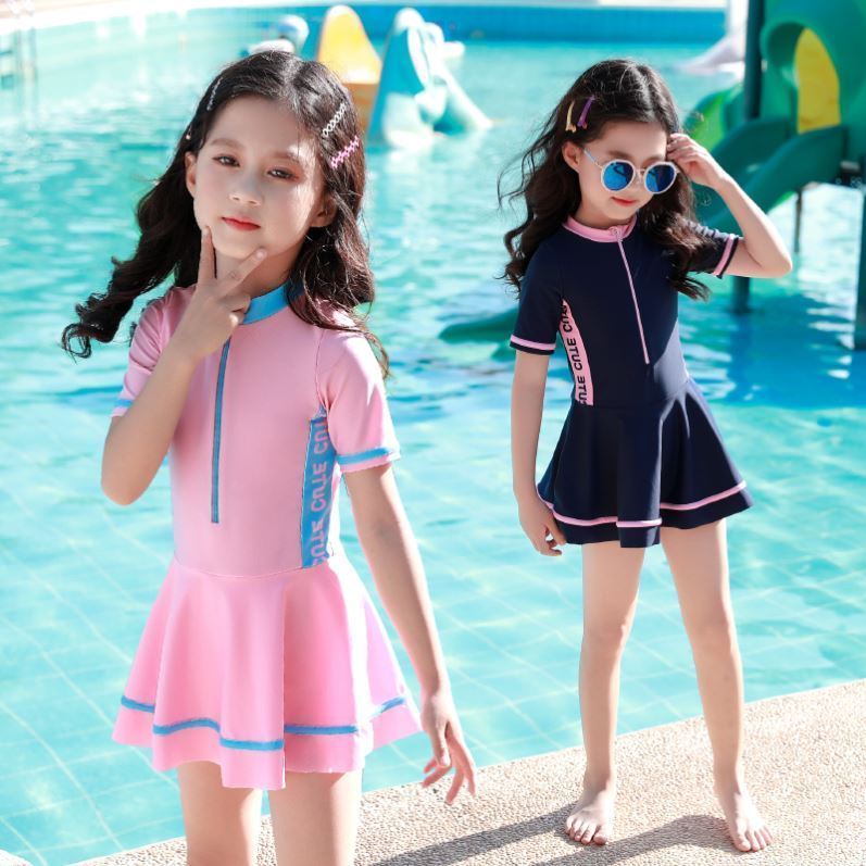 2021 new net red children's swimsuit girl's one piece short sleeve sunscreen quick drying cute little middle school girl's Princess swimsuit