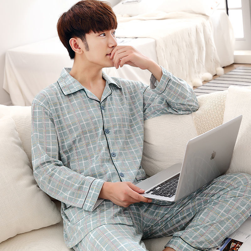 100% cotton pajamas men's long-sleeved spring, autumn and winter men's cotton thin section middle-aged summer home service suit