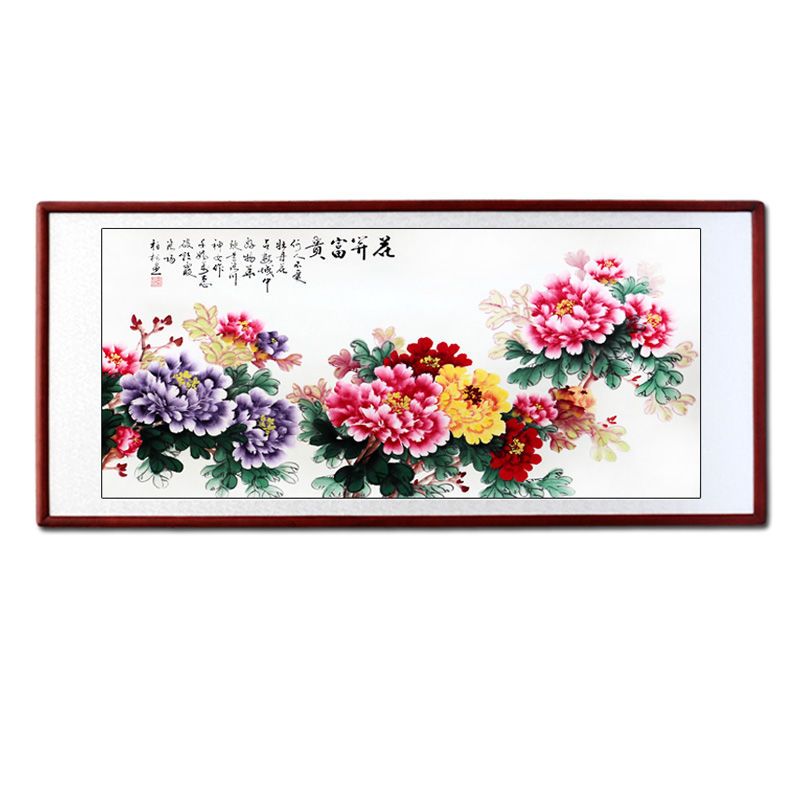 手绘牡丹画国画客厅壁画花开富贵中式花鸟挂画风水招财卧室装饰画 虎窝拼