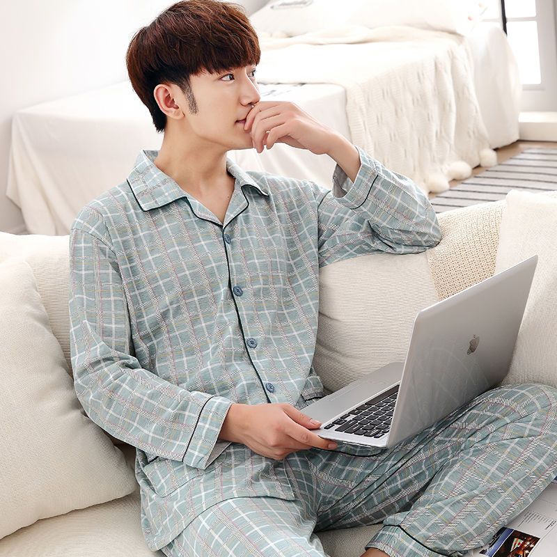 100% pure cotton men's pajamas men's thickened summer long-sleeved pure cotton spring and autumn style cotton middle-aged and elderly home service suit